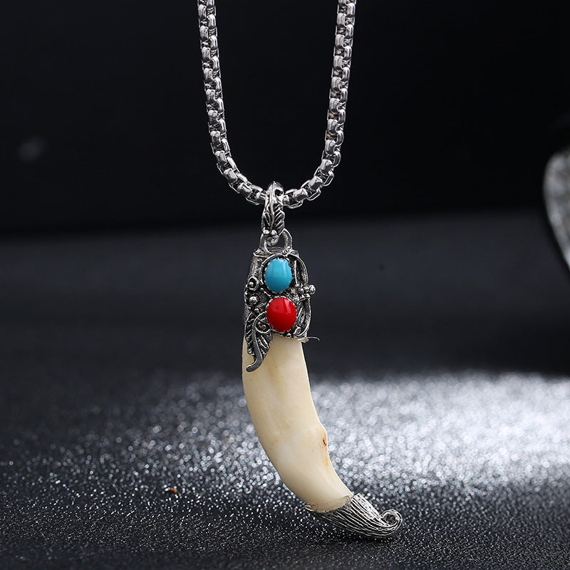Buddha Stones Imitation Wolf Tooth Titanium Steel Balance Necklace Pendant - image 4