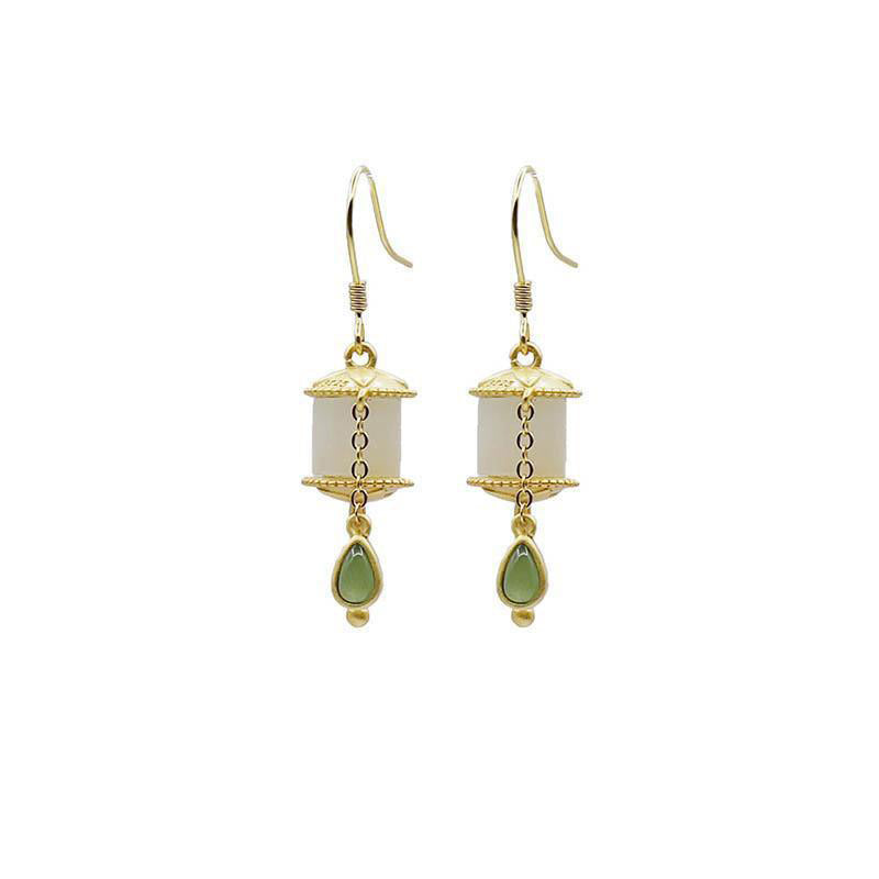 Buddha Stones 925 Sterling Silver Jade Prayer Wheel Luck Drop Earrings - image 12