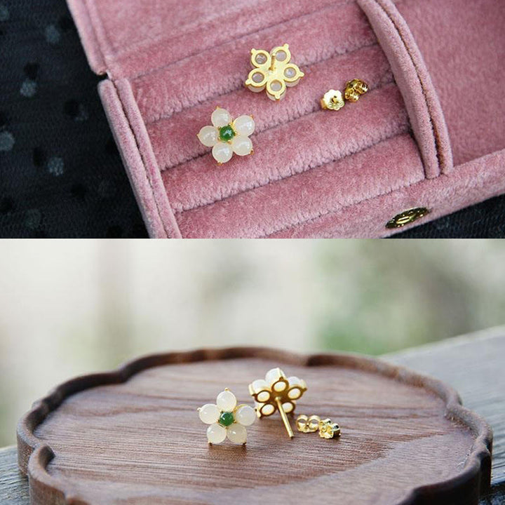 Buddha Stones White Jade Flower Luck Blessing Stud Earrings - image 6