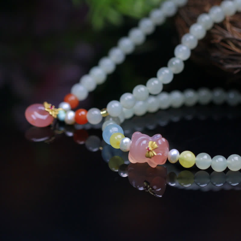 Buddha Stones Natural Hetian Jade Pink Crystal Peace Buckle Happiness Abundance Bracelet - image 5