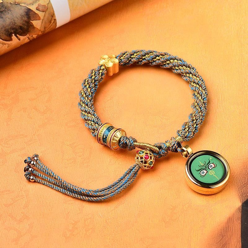 Buddha Stones Tibet Handmade Five God Of Wealth Luck Thangka Amulet Prayer Wheel Flower Charm Weave String Bracelet - Blue Yellow(Wrist Circumference 14-19cm) - image 7