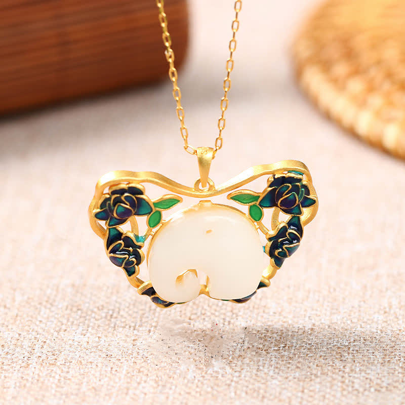 White Jade Elephant Butterfly Lotus Success Necklace Chain Pendant - image 1