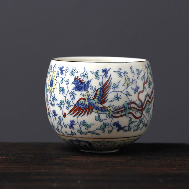 Buddha Stones Vintage Plum Blossom Pine Bamboo Phoenix Kirin Lion Dancing Ceramic Teacup Tea Cups - Phoenix(5.8cm*5.5cm*95ml) - image 11