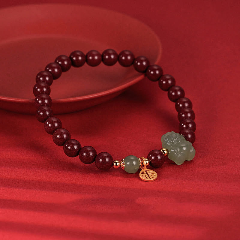Buddha Stones 925 Sterling Silver Year of the Dragon Natural Cinnabar Hetian Jade Dragon Fu Character Ruyi As One Wishes Charm Blessing Bracelet - image 9