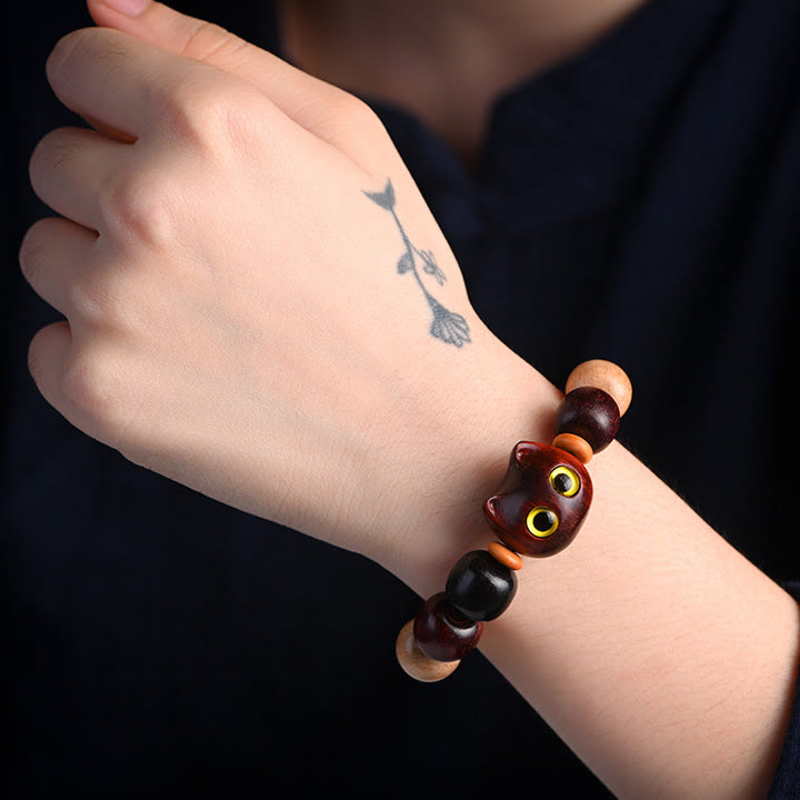 Buddha Stones Small Leaf Red Sandalwood Ebony Wood Cute Cat Engraved Protection Bracelet - image 14