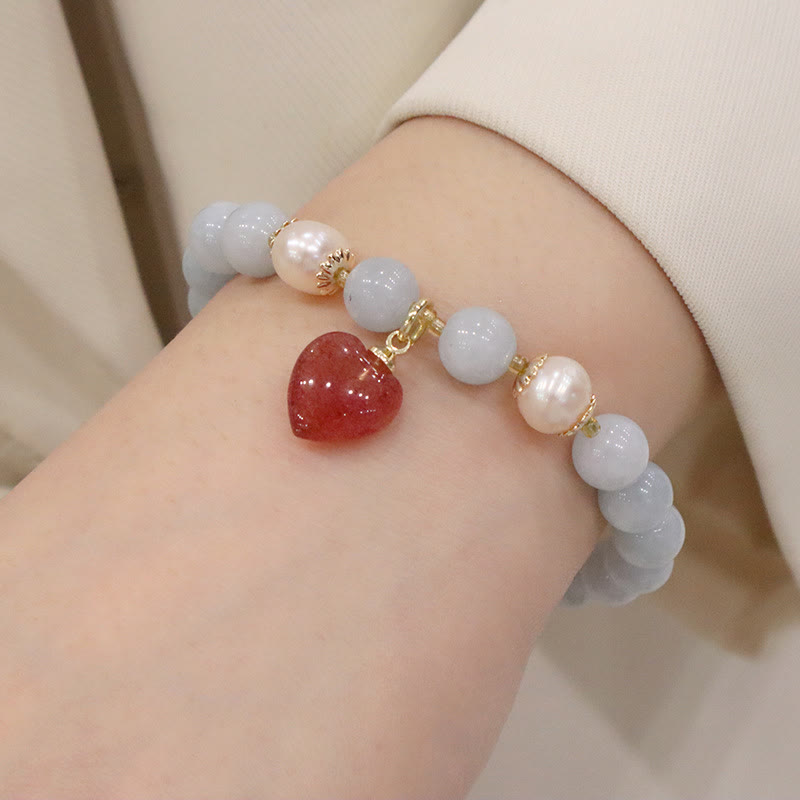 Buddha Stones Natural Aquamarine Chalcedony Serenity Rabbit Gourd Cat Charm Bracelet - Aquamarine Strawberry Quartz Love Heart - image 8