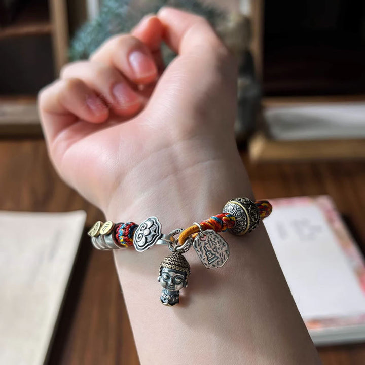 Buddha Stones Handmade Tibetan 925 Sterling Silver Chinese Zodiac Natal Buddha Zakiram Goddess of Wealth Protection Multicolored Rope Braided Bracelet - image 23