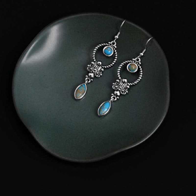 Buddha Stones 925 Sterling Silver Vintage Turquoise Waterdrop Pattern Balance Drop Dangle Earrings - image 6