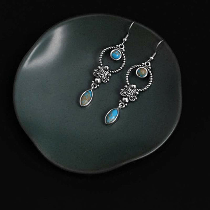 Buddha Stones 925 Sterling Silver Vintage Turquoise Waterdrop Pattern Balance Drop Dangle Earrings - image 6