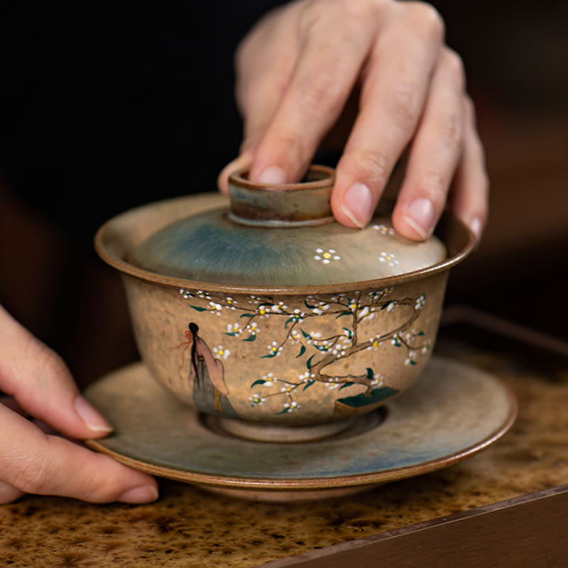 Buddha Stones Jingdezhen Hand Painted Ru Kiln Porcelain Hanfu Girl Flower Ceramic Gaiwan Sancai Teacup Kung Fu Tea Cup And Saucer With Lid - image 8