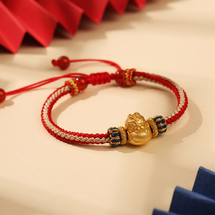 Buddha Stones 925 Sterling Silver Baby Dragon Luck Strength Handmade Braided Bracelet - Red Beige Rope(Wrist Circumference 15-23cm) - image 3