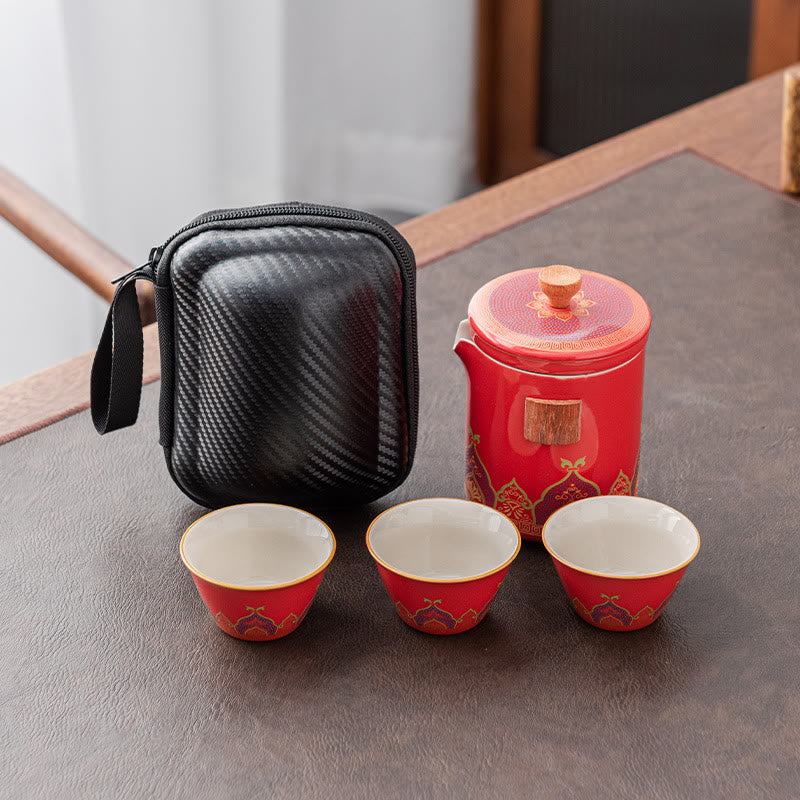 Buddha Stones Flower Chinese Gongfu Ceramic Teapot Portable Outdoor Travel Tea Set Bag - Red - 1 Teapot+3 Cups+1 Bag - image 23