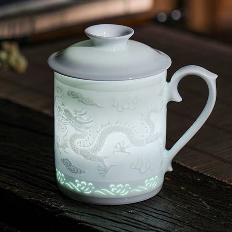 Buddha Stones Jingdezhen Linglong Porcelain Auspicious Dragon Phoenix Boat Smooth Sailing Ceramic Teacup Office Tea Cups 420ml - Auspicious Dragon Phoenix 9.5cm*13.5cm*420ml - image 0