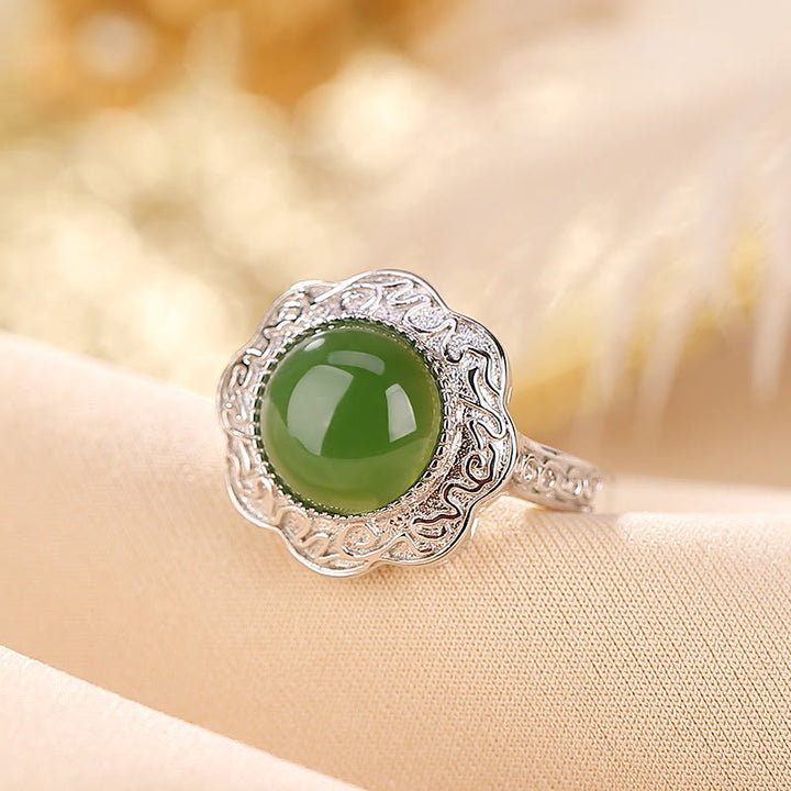 Buddha Stones 925 Sterling Silver Hetian Cyan Jade Flower Design Luck Adjustable Ring - image 1