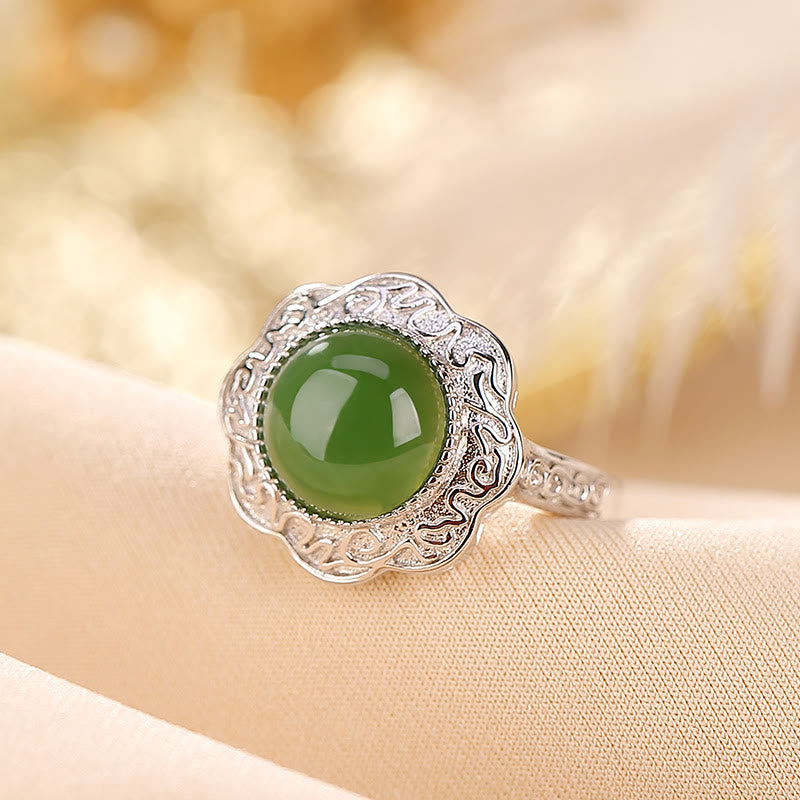 Buddha Stones 925 Sterling Silver Hetian Cyan Jade Flower Design Luck Adjustable Ring - image 1