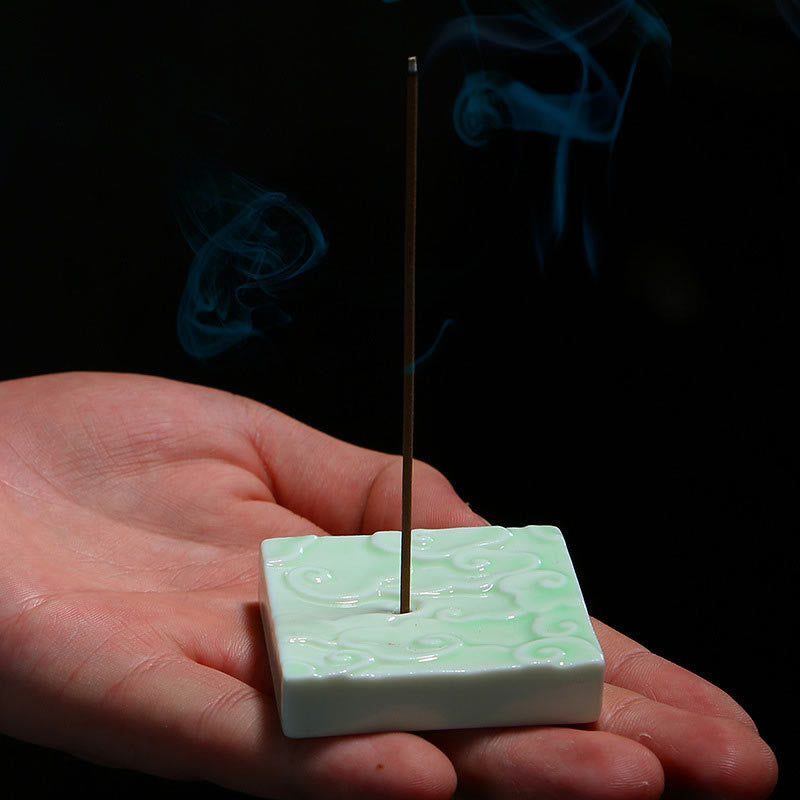Buddha Stones Mini Auspicious Clouds Design Healing Stick Ceramic Small Incense Burner Decoration - Square Auspicious Cloud 5*5*0.5cm - Green - image 0