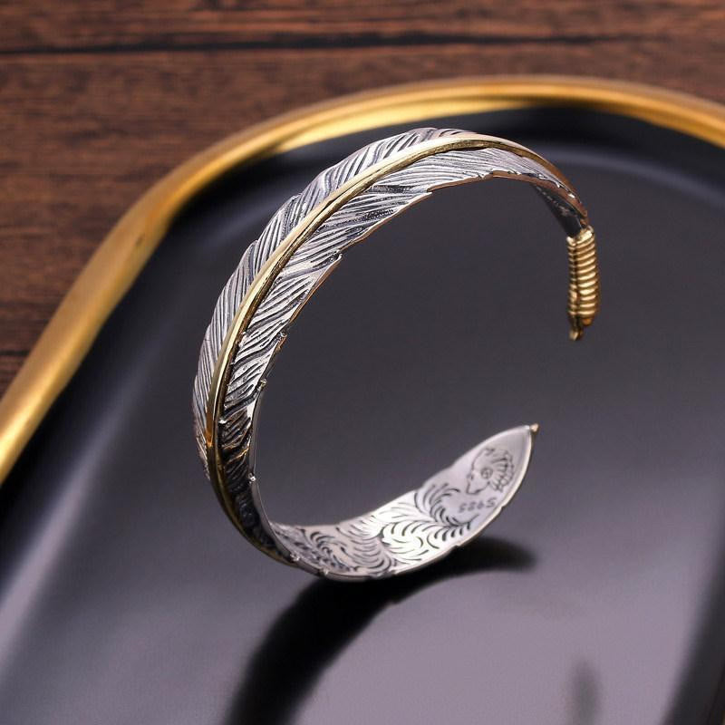 Buddha Stones Feather Pattern Carved Luck Wealth Cuff Bracelet Bangle - Feather - image 0