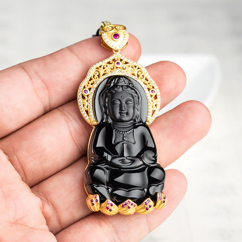 Buddha Stones 925 Sterling Silver Natural Black Jade Kwan Yin Avalokitesvara Wealth Necklace Pendant - image 2