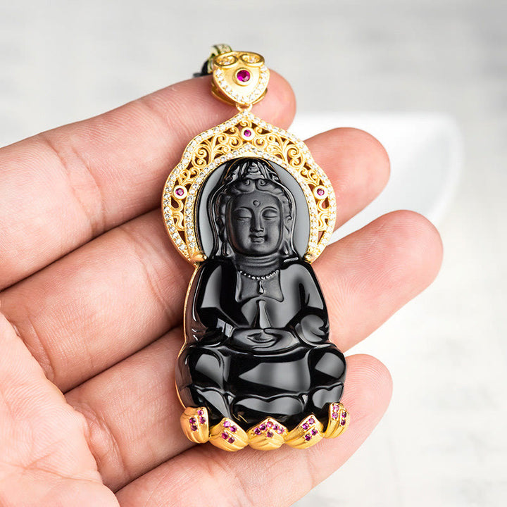 Buddha Stones 925 Sterling Silver Natural Black Jade Kwan Yin Avalokitesvara Wealth Necklace Pendant - image 2