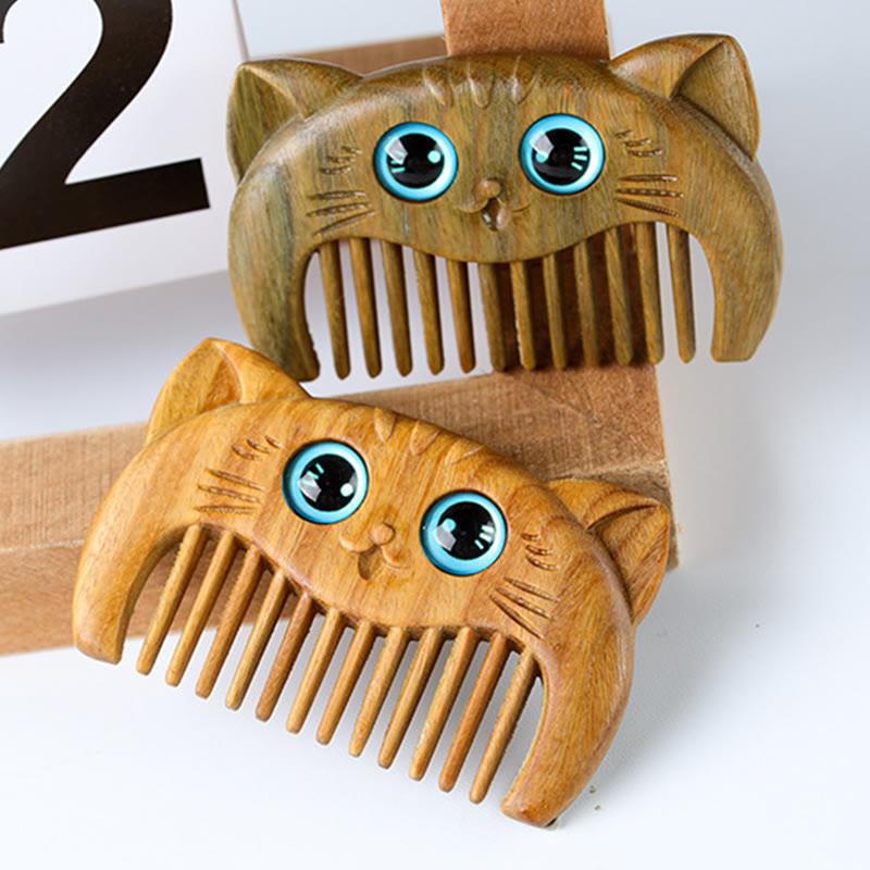 Buddha Stones Simple Cat Pattern Green Sandalwood Cure Portable Comb - image 2