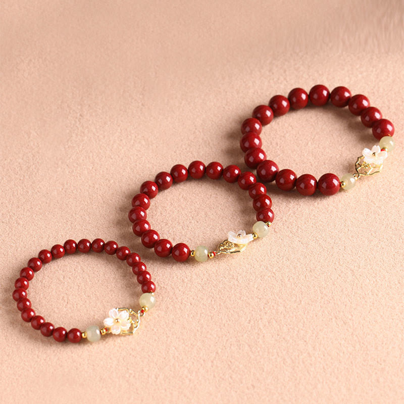 Buddha Stones Natural Cinnabar Jade Beaded Tridacna Stone Flower Blessing Bracelet - image 8