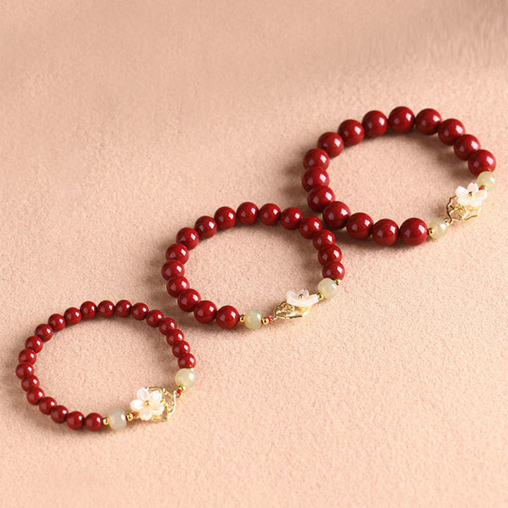 Buddha Stones Natural Cinnabar Jade Beaded Tridacna Stone Flower Blessing Bracelet - image 8