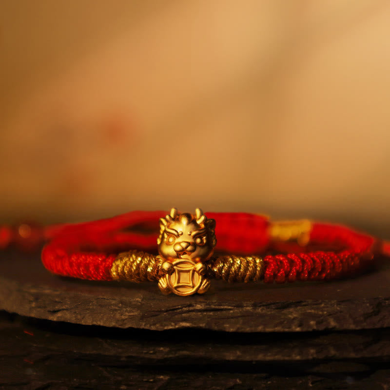 Buddha Stones 999 Sterling Silver Year of the Dragon Copper Coin Fortune Dragon Fu Character Luck Handcrafted Red String Braided Bracelet - image 1
