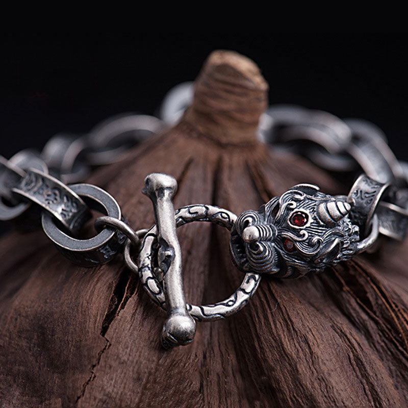 Buddha Stones 925 Sterling Silver Dragon Kirin Om Mani Padme Hum Success Strength Bracelet Bangle - image 2