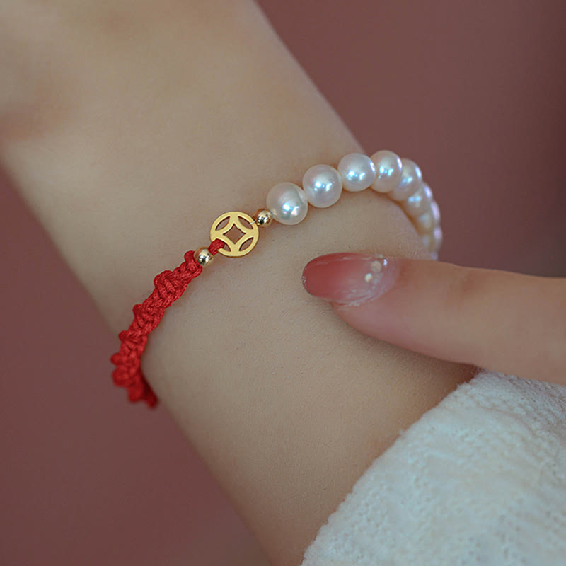 Buddha Stones 14K Gold Plated Pearl Bead Luck Protection Braid Red String Bracelet - image 7