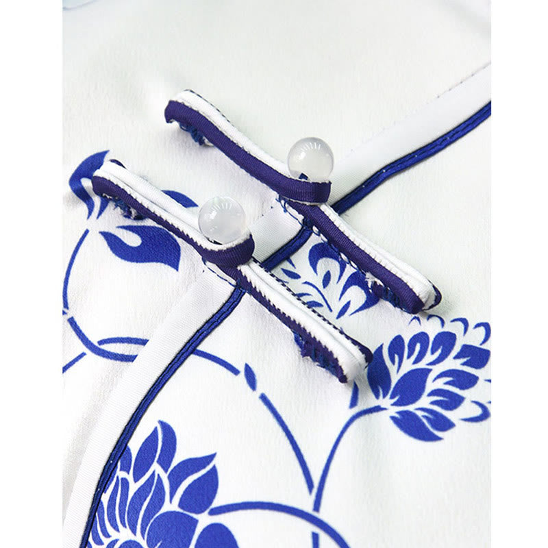 Buddha Stones Blue And White Porcelain Color Peony Flower Pattern Cheongsam Dress Women's Qipao Dress - image 9