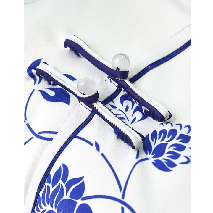 Buddha Stones Blue And White Porcelain Color Peony Flower Pattern Cheongsam Dress Women's Qipao Dress - image 9