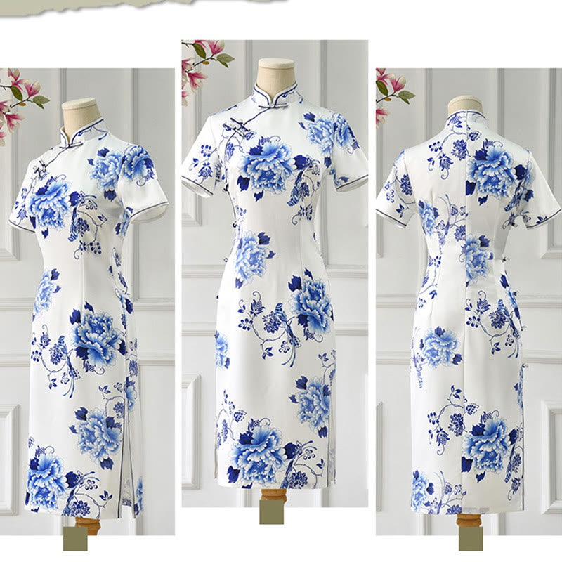Buddha Stones Blue And White Porcelain Color Peony Flower Pattern Cheongsam Dress Women's Qipao Dress - image 12