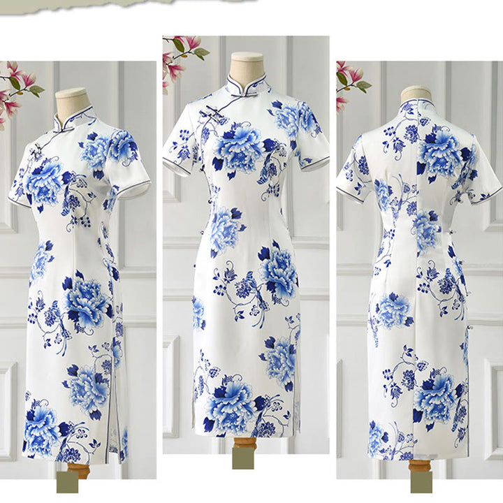 Buddha Stones Blue And White Porcelain Color Peony Flower Pattern Cheongsam Dress Women's Qipao Dress - image 12