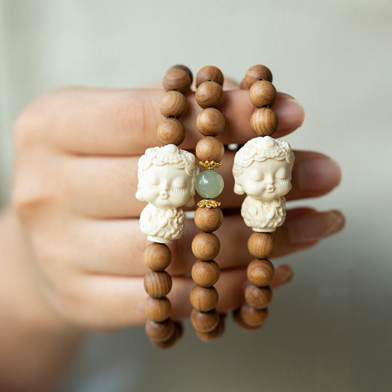 Buddha Stones Sandalwood Hetian Jade Ivory Fruit Green Tara Protection Bracelet - image 0