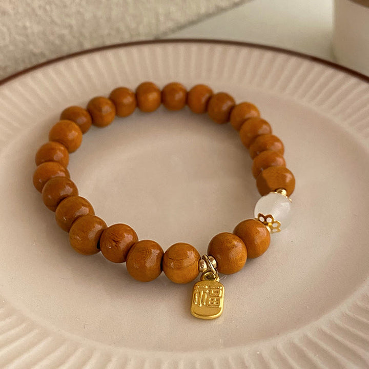 Buddha Stones Sandalwood Cat's Eye Fu Character Charm Protection Bracelet - Sandalwood Fu Character - image 2