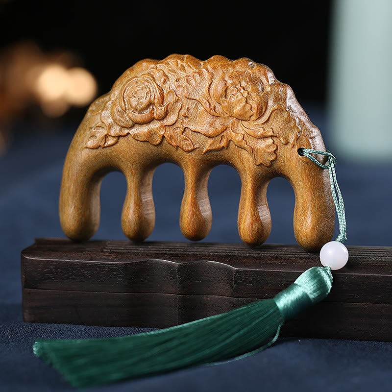 Green Sandalwood Plum Blossom Flowers Lotus Koi Fish Engraved Soothing Tassel Comb - Green Sandalwood Peony - image 18