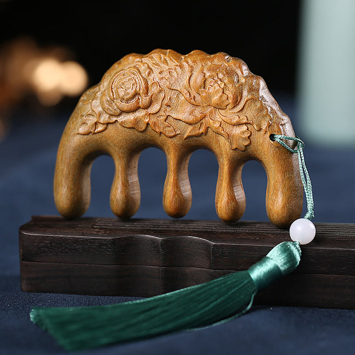 Green Sandalwood Plum Blossom Flowers Lotus Koi Fish Engraved Soothing Tassel Comb - Green Sandalwood Peony - image 18