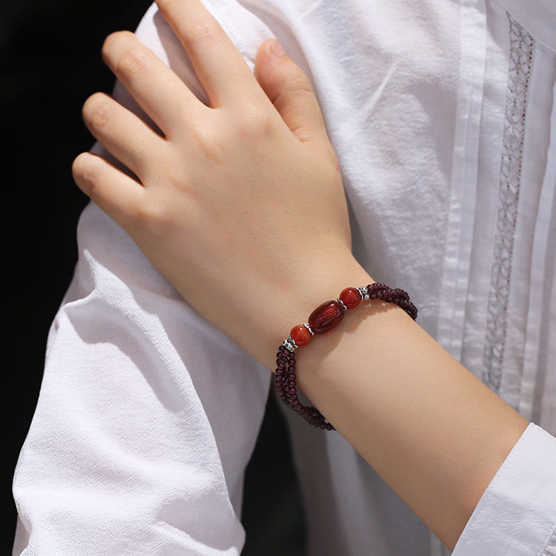 Buddha Stones Natural Garnet Red Agate Protection Triple Layer Bracelet - image 4