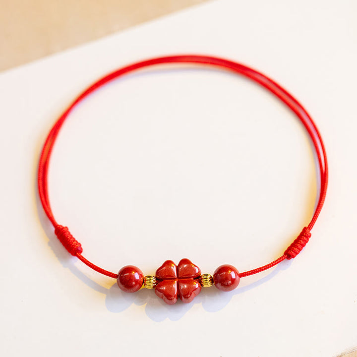 Buddha Stones Four Leaf Clover Cinnabar Blessing Calm String Bracelet Anklet - image 4