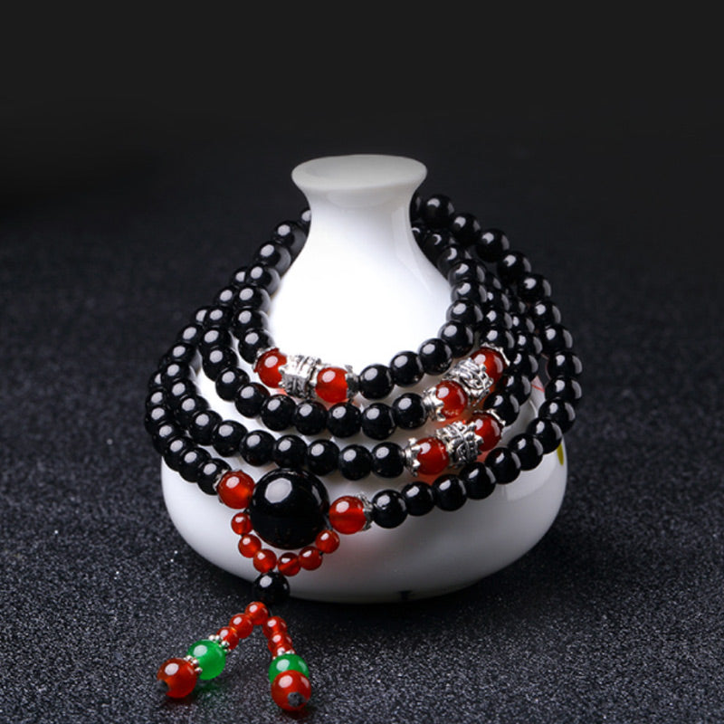 Buddha Stones 108 Beads Natural Black Obsidian Tiger Eye Mala Bracelet - image 15