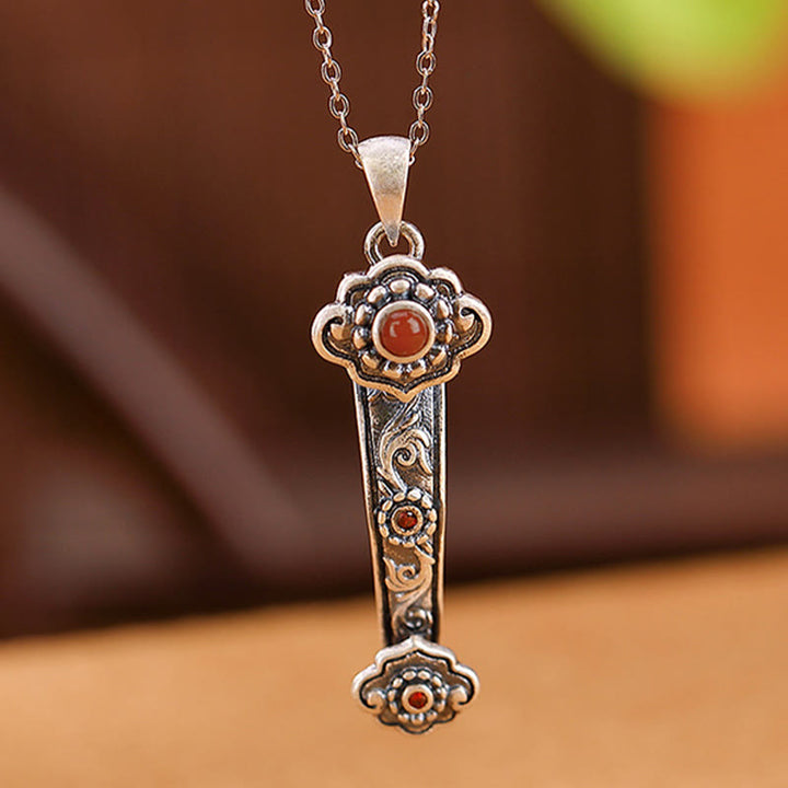 Buddha Stones 925 Sterling Silver Red Agate Cyan Jade Auspicious Clouds Ruyi Handle Blessing Necklace Pendant - image 3