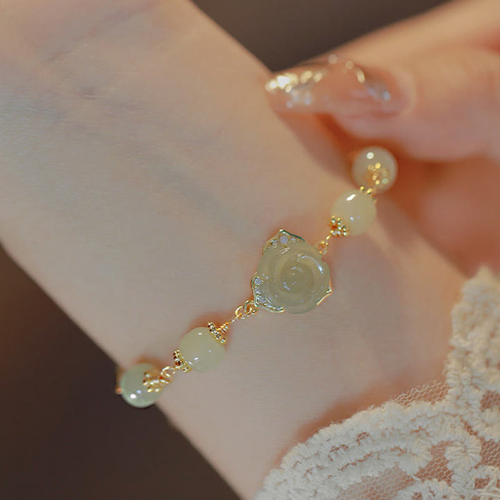 Buddha Stones 14K Gold Plated Hetian Jade Rose Flower Luck Chain Bracelet - image 3