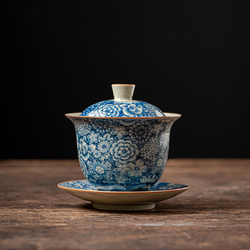 Buddha Stones Vintage Blue And White Porcelain Peach Blossom Lotus Peony Ceramic Gaiwan Sancai Teacup Kung Fu Tea Cup And Saucer With Lid - 9cm*9.7cm*150ml(Saucer 11cm) - image 14