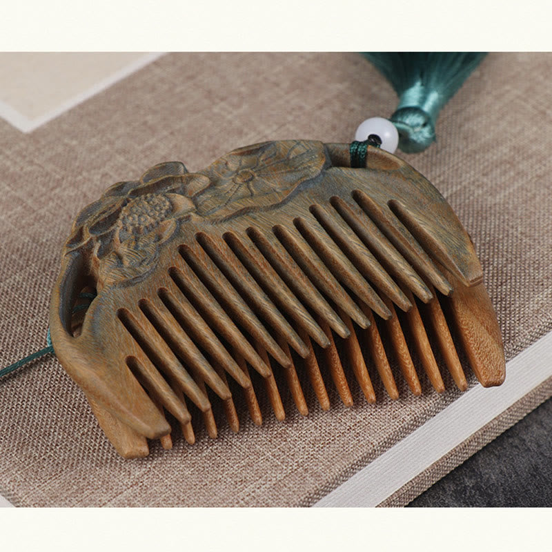 Green Sandalwood Fox Peony Flower Lotus Engraved Cure Tassel Comb - image 13