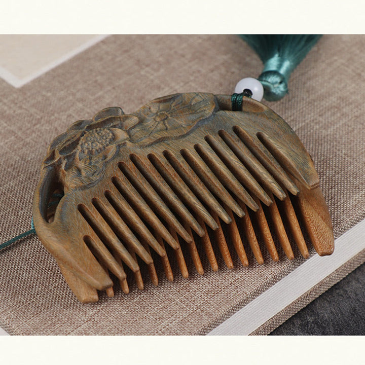 Green Sandalwood Fox Peony Flower Lotus Engraved Cure Tassel Comb - image 13