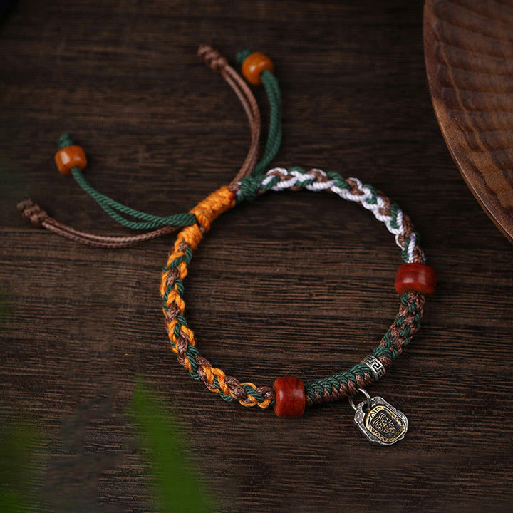 Buddha Stones Handmade Tibetan Silver 925 Sterling Silver Zakiram Goddess of Wealth Camel Bone Protection Braided Bracelet - 16-18cm - 925 Sterling Silver - image 0
