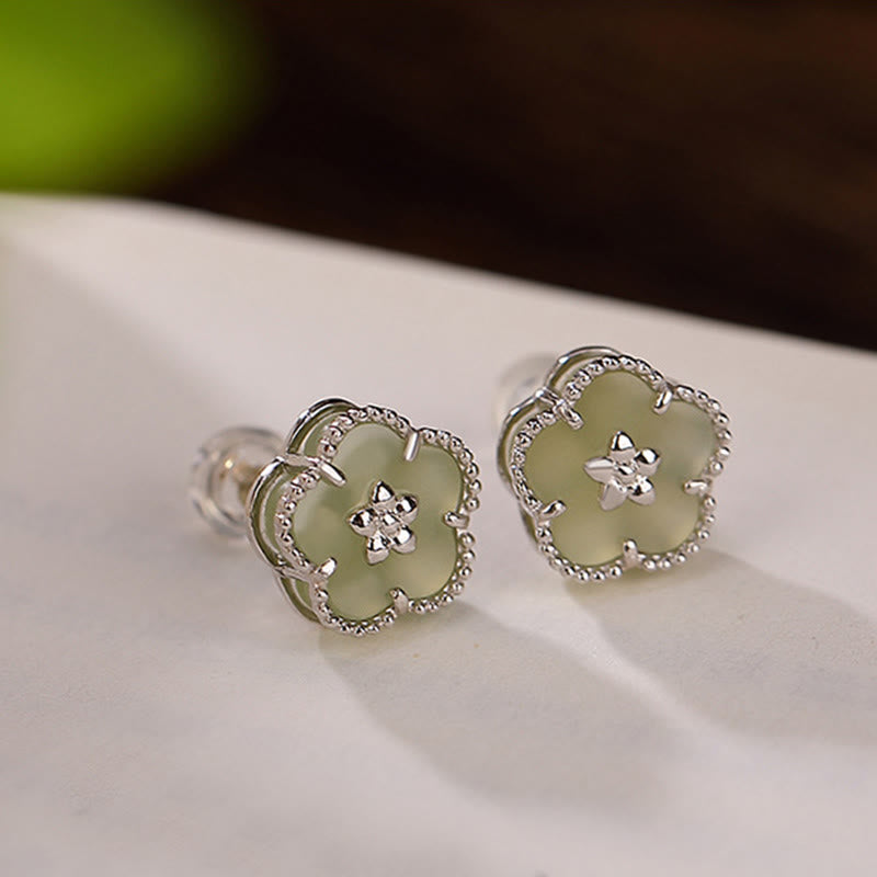 Buddha Stones 925 Sterling Silver Hetian Jade Plum Flower Luck Stud Earrings - image 3