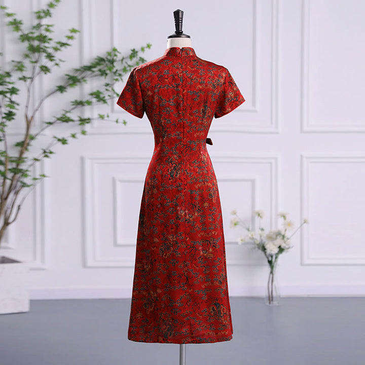 Buddha Stones Vintage Auspicious Clouds Leaf Print Cheongsam Dress Women's Qipao Dress - image 2