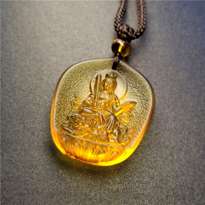 Buddha Stones Chinese Zodiac Natal Buddha Blessing Liuli Crystal Compassion Necklace Pendant - Rabbit-Manjushri Bodhisattva(Pendant Size: About 4.5*3.8*1cm) - image 4