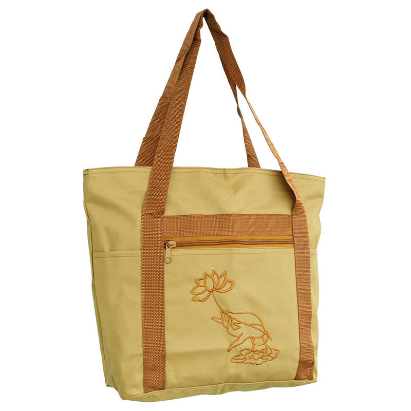 Spiritual Mind Practice Lotus Embroidery Pattern Canvas Shoulder Bag Tote Bag - Lotus Flower Spiritual Practice Bag - image 0